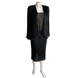 Judith Ann Creations Vintage Black Beaded Silk Dress Midi Long Sleeve Medium